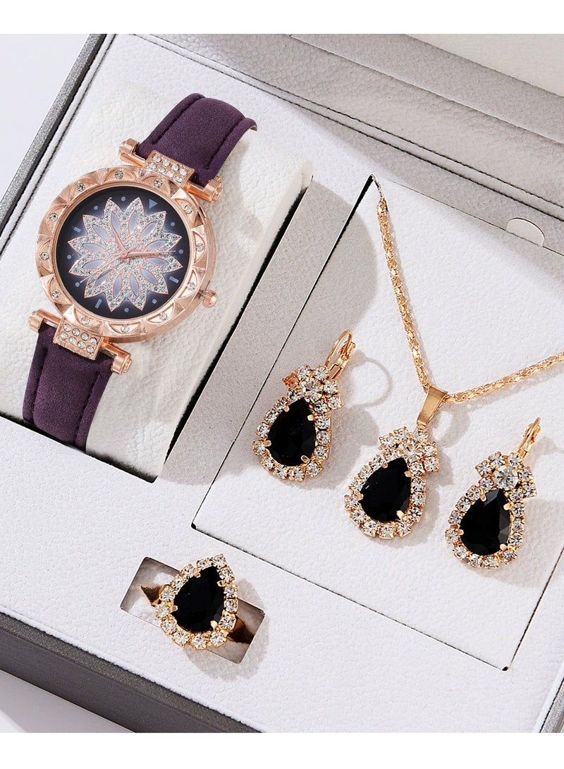 2025 Luxury Women's Watch & Jewelry Gift Set - Elegant Diamond Quartz Wristwatch with Necklace, Earrings & Ring - Stylish Business/Party Accessories for Women - Image 1