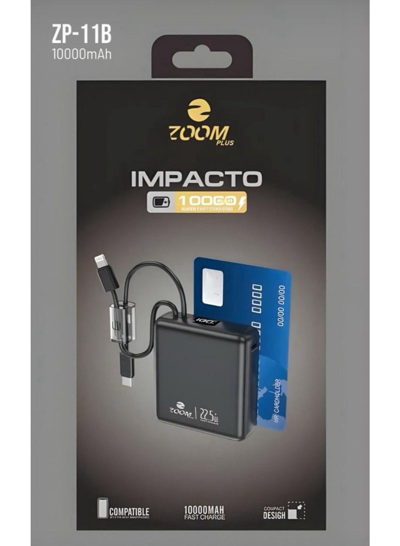 Zoom Plus A black portable power bank with a 10000mAh capacity and 22.5W output, featuring a Type-C input, a Type-C cable, and a Lightning cable.