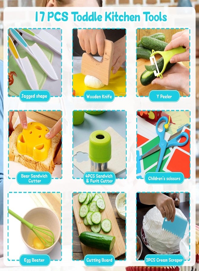 FGASIDYO 16PCS Montessori Kitchen Tools Cookware Baking Toy, Toddler Baking Set for Real Cooking includes 3 Serrated Edges Plastic Toddler Knives, Cutting Board, Y Peeler, Egg Beater, Toddler Food Picks - Image 3