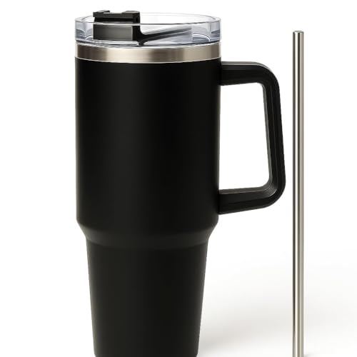 KRySt Stainless Steel Insulated Tumbler with Handle and Steel Straw | 1200ml Reusable Double Wall Vacuum Travel Mug | Hot & Cold Beverage Cup for Office, Home, and Outdoor Use (Black) - Image 3
