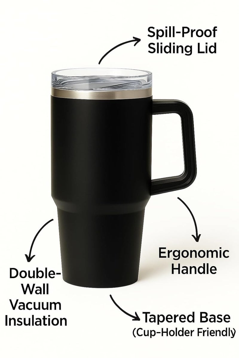 KRySt Stainless Steel Insulated Tumbler with Handle and Steel Straw | 1200ml Reusable Double Wall Vacuum Travel Mug | Hot & Cold Beverage Cup for Office, Home, and Outdoor Use (Black) - Image 2