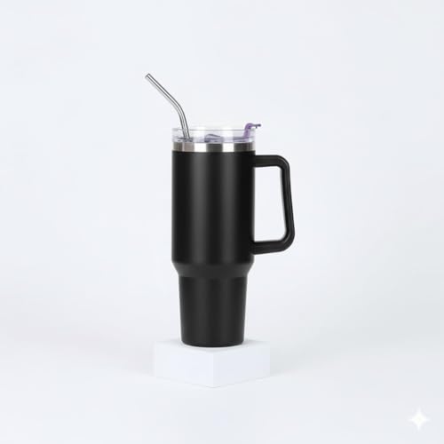 KRySt Stainless Steel Insulated Tumbler with Handle and Steel Straw | 1200ml Reusable Double Wall Vacuum Travel Mug | Hot & Cold Beverage Cup for Office, Home, and Outdoor Use (Black) - Image 4