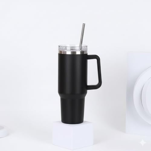 KRySt Stainless Steel Insulated Tumbler with Handle and Steel Straw | 1200ml Reusable Double Wall Vacuum Travel Mug | Hot & Cold Beverage Cup for Office, Home, and Outdoor Use (Black) - Image 1