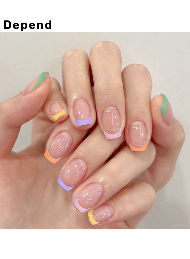 Depend 24 Pcs Colorful French Tip Press On Nails Short Square Cute Rainbow Fake Nails Press Ons Glossy Full Cover Glue On Nails Natural Nude False Nails Acrylic Stick On Nails For Women Girls, Reusable False Fake Nails - Image 1