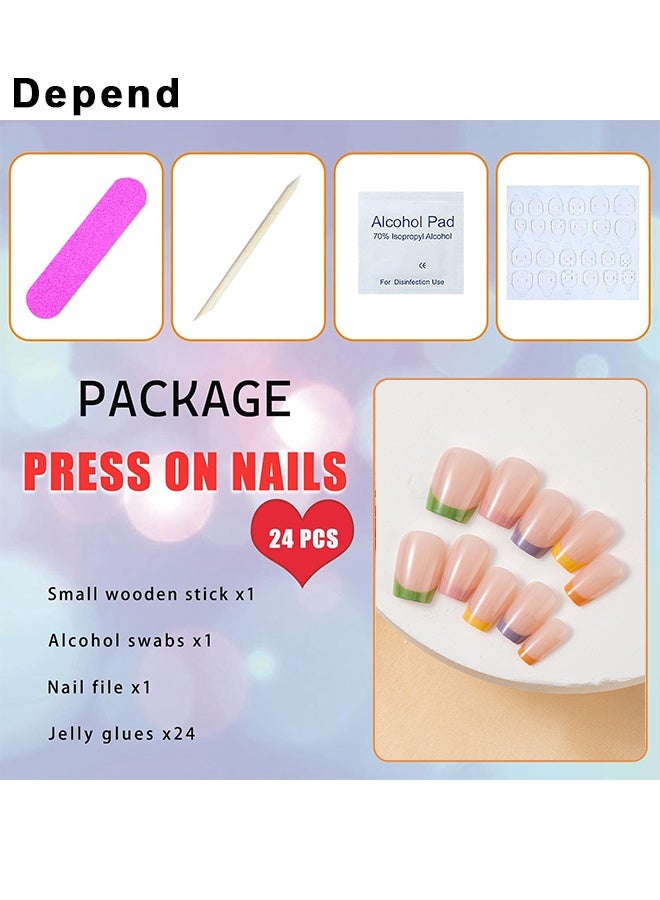 Depend 24 Pcs Colorful French Tip Press On Nails Short Square Cute Rainbow Fake Nails Press Ons Glossy Full Cover Glue On Nails Natural Nude False Nails Acrylic Stick On Nails For Women Girls, Reusable False Fake Nails - Image 4