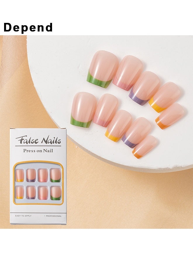 Depend 24 Pcs Colorful French Tip Press On Nails Short Square Cute Rainbow Fake Nails Press Ons Glossy Full Cover Glue On Nails Natural Nude False Nails Acrylic Stick On Nails For Women Girls, Reusable False Fake Nails - Image 2