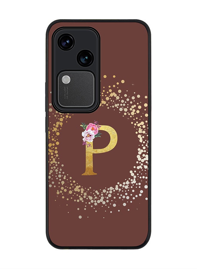 Stylizedd Rugged Black edge case for Vivo V30 5G, Slim fit Flexible Cover -  Custom Monogram Initial Letter Floral Pattern Alphabet - P  (Brown ) - Image 1