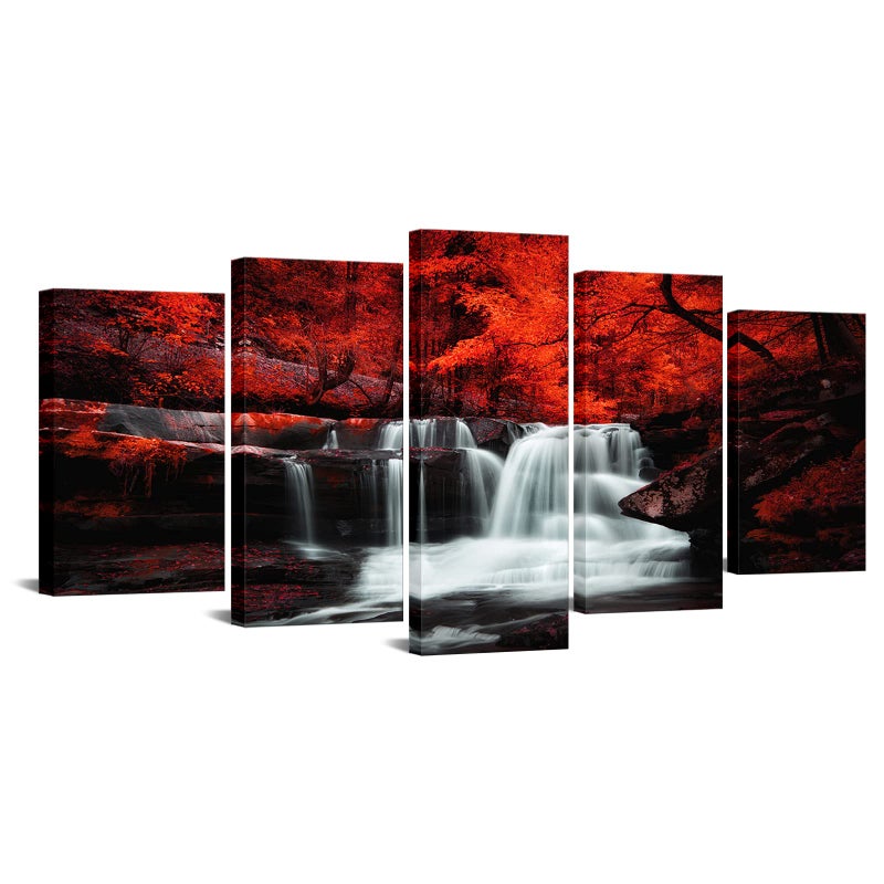 LevvArts Black White and Red Wall Art 5 Pieces Red Tree Forest Waterfall Picture Canvas Print Autumn Landscape Paintings Framed for Office Home Living Room Decor Ready to Hang