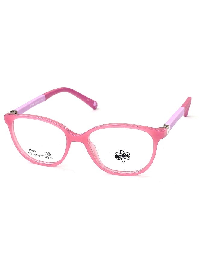 Bazinga kids & unisex eyeglasses in pink, crafted from premium TR material that combines strength with lightness. Featuring a modern and stylish design, these glasses are perfect for everyday use at school or during activities. The frame is safe and comfortable for long wear, and it is suitable for all types of prescription lenses as prescribed.