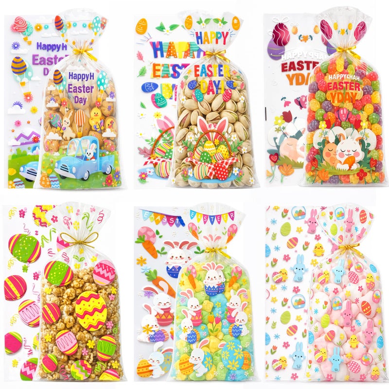 WIKDAY 144 PCS Easter Treat Bags Bulk Cellophane Bags with Twist Ties, 6 Designs for Candy Snack Goodie Toys Gift Packaging, Easter Party Favors Classroom Home Egg Hunt Holiday Celebration 10.7"x4.9", 6 Style A - Image 1