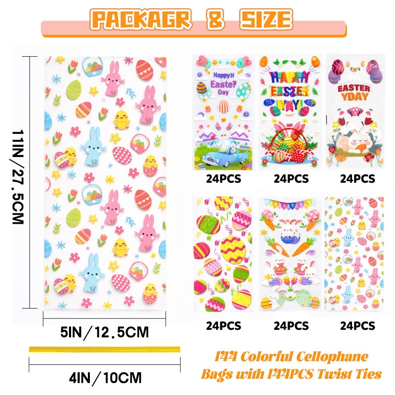 WIKDAY 144 PCS Easter Treat Bags Bulk Cellophane Bags with Twist Ties, 6 Designs for Candy Snack Goodie Toys Gift Packaging, Easter Party Favors Classroom Home Egg Hunt Holiday Celebration 10.7"x4.9", 6 Style A - Image 3