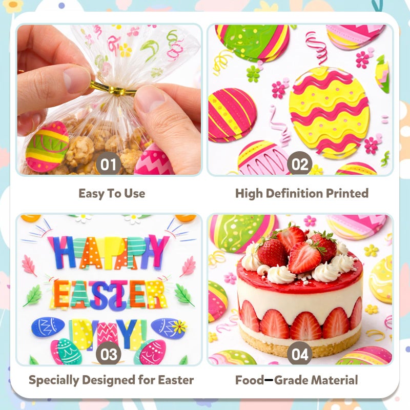 WIKDAY 144 PCS Easter Treat Bags Bulk Cellophane Bags with Twist Ties, 6 Designs for Candy Snack Goodie Toys Gift Packaging, Easter Party Favors Classroom Home Egg Hunt Holiday Celebration 10.7"x4.9", 6 Style A - Image 5