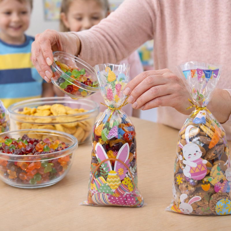 WIKDAY 144 PCS Easter Treat Bags Bulk Cellophane Bags with Twist Ties, 6 Designs for Candy Snack Goodie Toys Gift Packaging, Easter Party Favors Classroom Home Egg Hunt Holiday Celebration 10.7"x4.9", 6 Style A - Image 2