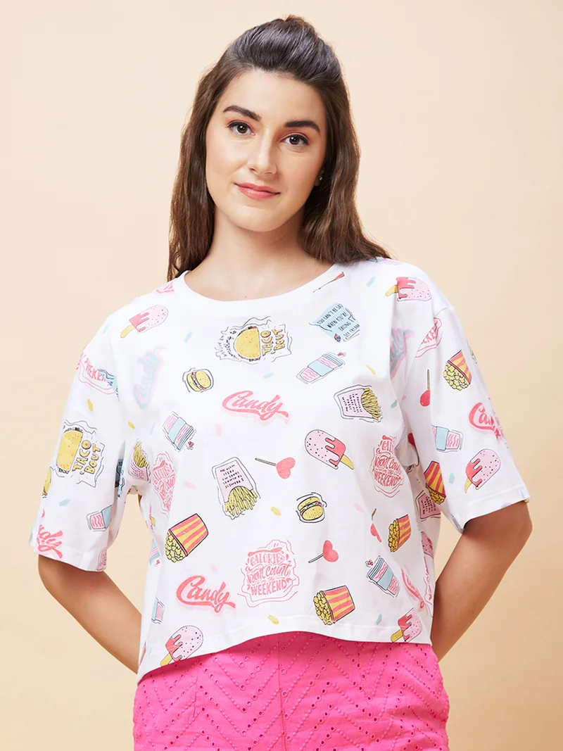 globus Women Conversational Printed Crop Oversized T-Shirt