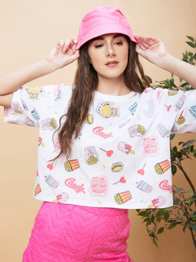 globus Women Conversational Printed Crop Oversized T-Shirt