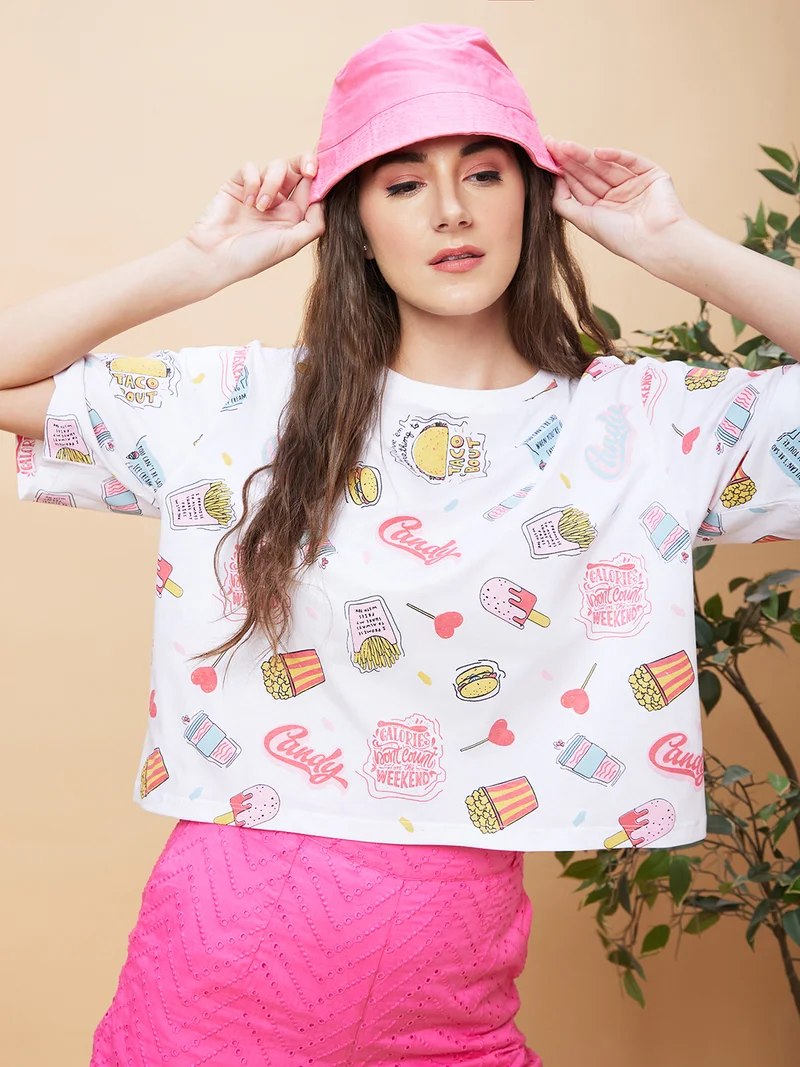 globus Women Conversational Printed Crop Oversized T-Shirt