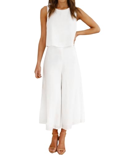 ROYLAMP Women's Summer Two Piece Outfits Round Neck Crop Basic Top Cropped Wide Leg Pants Set Jumpsuits White L - Image 2