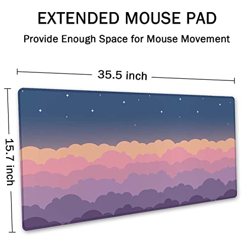 SSOIU Cute Clouds Purple Desk Mat, Extra Large XXL Gaming Mouse Pad 35.5" X 15.7", Waterproof with Stitched Edges - Image 2