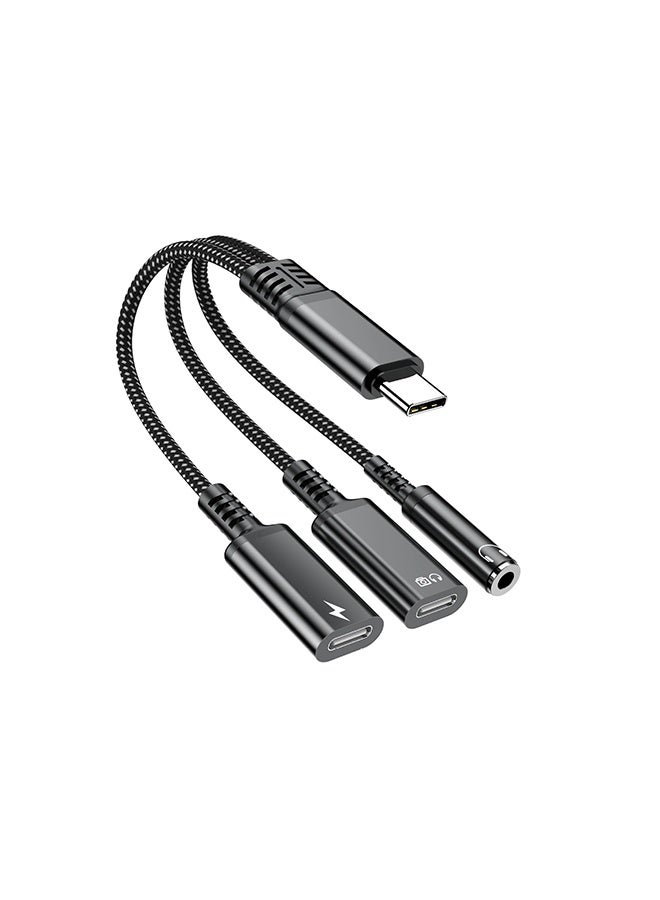 1 في 3 USB C إلى Type-C شحن وسماعات رأس من النوع C بالإضافة إلى سماعات رأس 3.5 ملم PD 60W محول شحن ، متوافق مع GalaxyS22 و iPad Pro و Pixel و iPhone 16 15 وما إلى ذلك (أسود) - Image 1