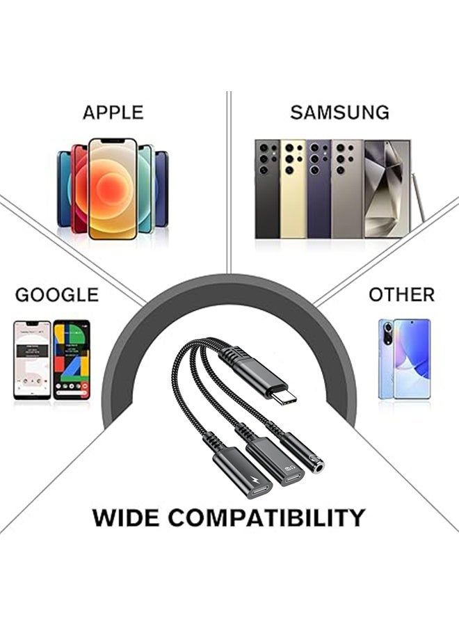 1 في 3 USB C إلى Type-C شحن وسماعات رأس من النوع C بالإضافة إلى سماعات رأس 3.5 ملم PD 60W محول شحن ، متوافق مع GalaxyS22 و iPad Pro و Pixel و iPhone 16 15 وما إلى ذلك (أسود) - Image 5