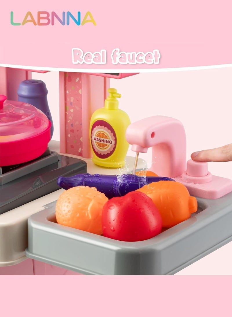 LABNNA مجموعة ألعاب مطبخ للأطفال مكونة من 53 قطعة، تشمل موقد طبخ، حوض غسيل، فرن، ألعاب مطبخ مع أضواء وأصوات واقعية، ألعاب تمثيلية، ألعاب مطبخ للأطفال الصغار من عمر سنة إلى 3 سنوات (لون وردي) - Image 4