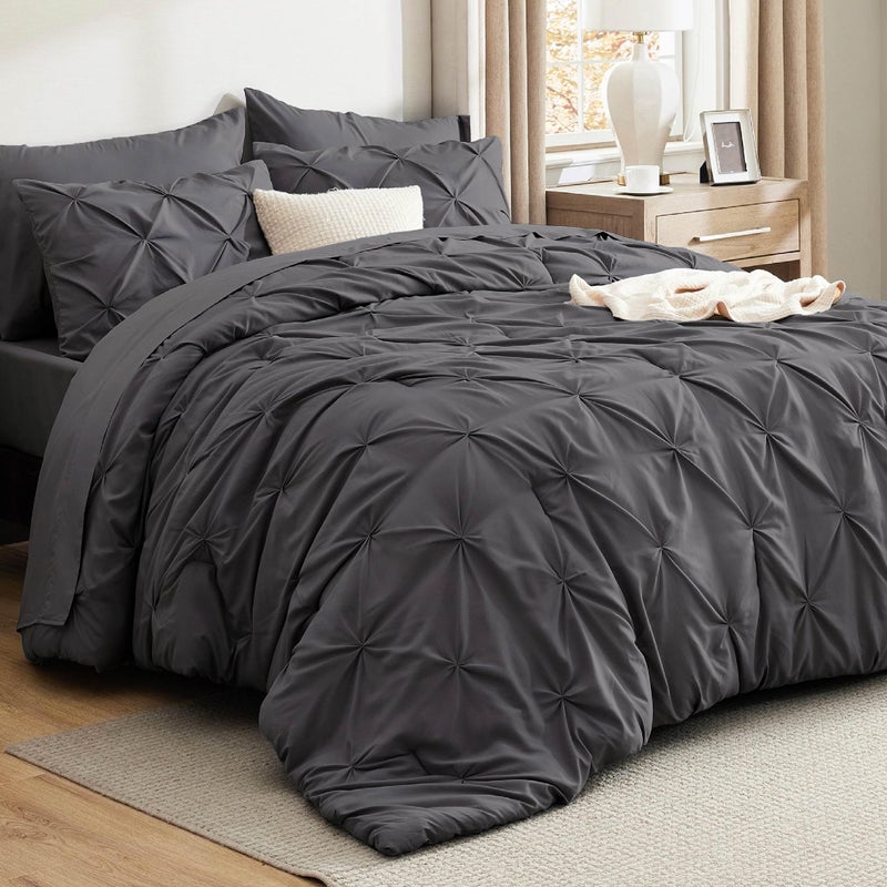 Bedsure Bedsure King Size Comforter Set Dark Grey  Bed in a Bag King Size 7 Pieces GentleSoft Pintuck Bed Set Gift for Family Pinch Pleat Dark Grey Comforter with Sheets Pillowcases  Shams 
