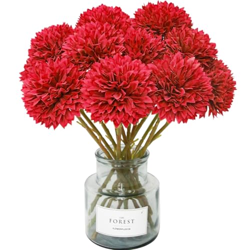 Tinsow 12Pcs Artificial Chrysanthemum Flowers Faux Red Ball Flowers Burgundy Fall Flowers for Christmas Autumn Farmhouse Home Decoration 12 Red