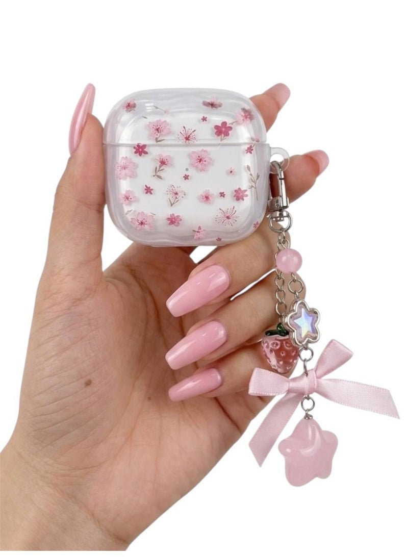 Aura Style Clear Floral Case For AirPods 4 Cute Protective Cover With Strawberry Keychain Charm Pink/Transparent - Image 1