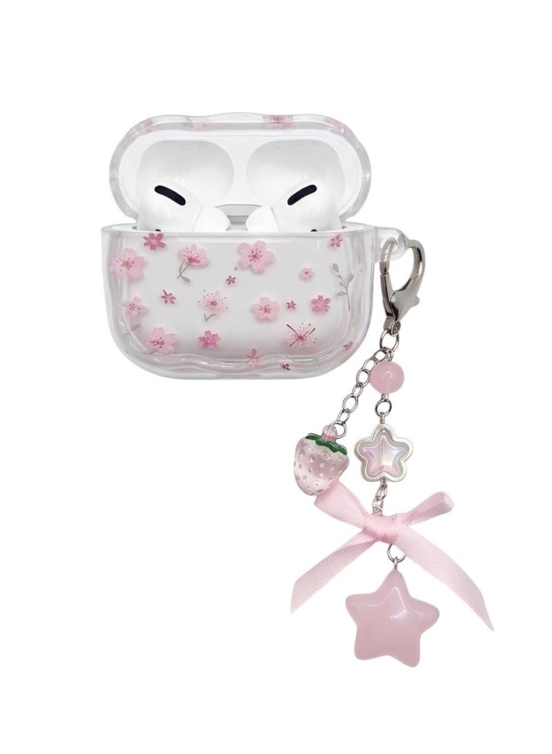 Aura Style Clear Floral Case For AirPods 4 Cute Protective Cover With Strawberry Keychain Charm Pink/Transparent - Image 2