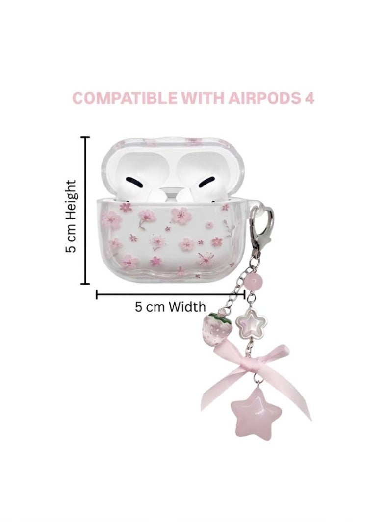 Aura Style Clear Floral Case For AirPods 4 Cute Protective Cover With Strawberry Keychain Charm Pink/Transparent - Image 3