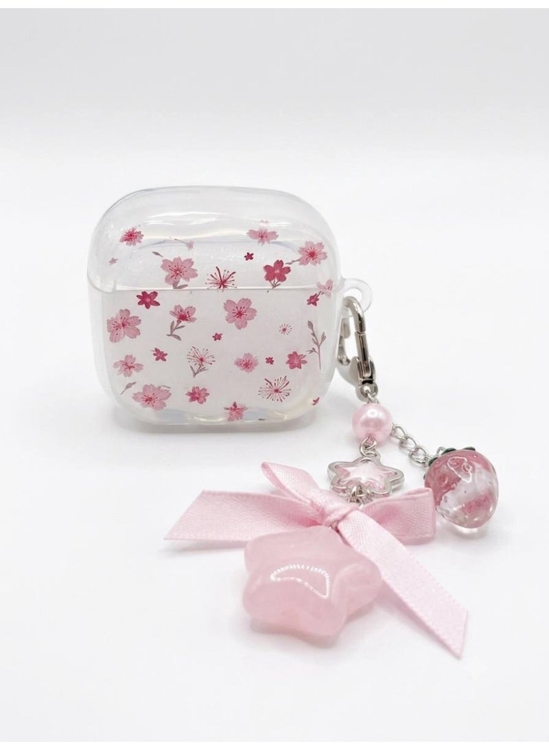 Aura Style Clear Floral Case For AirPods 4 Cute Protective Cover With Strawberry Keychain Charm Pink/Transparent - Image 4