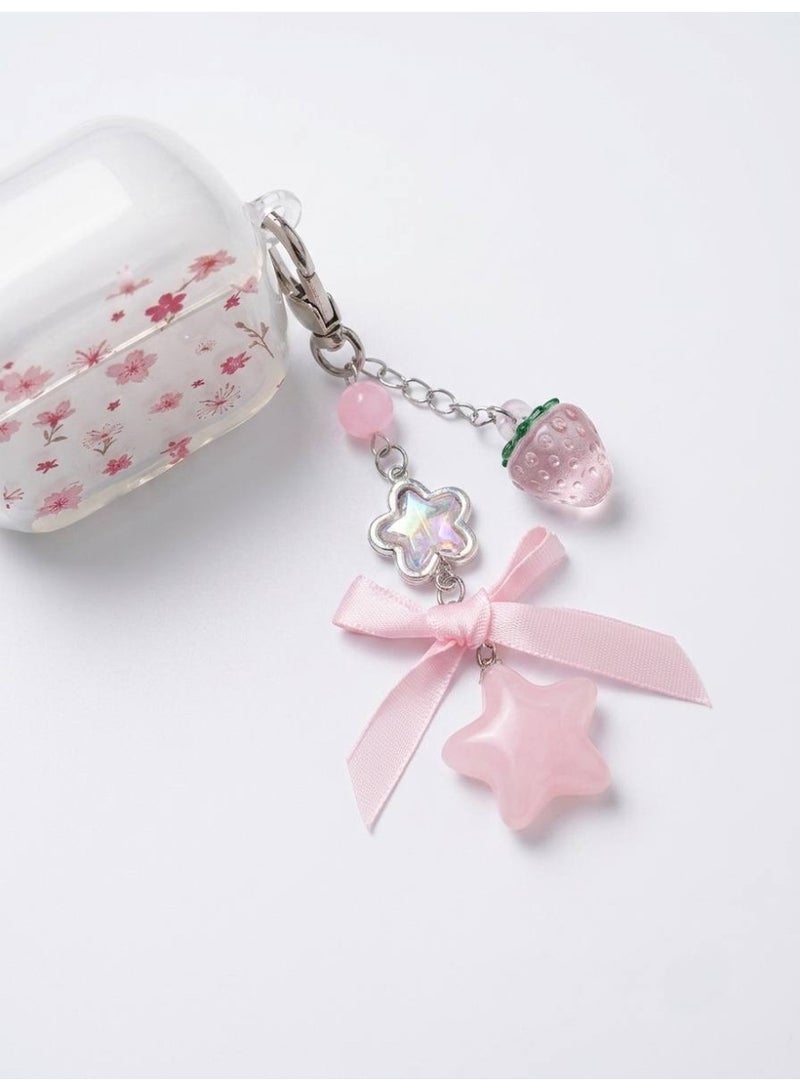 Aura Style Clear Floral Case For AirPods 4 Cute Protective Cover With Strawberry Keychain Charm Pink/Transparent - Image 5