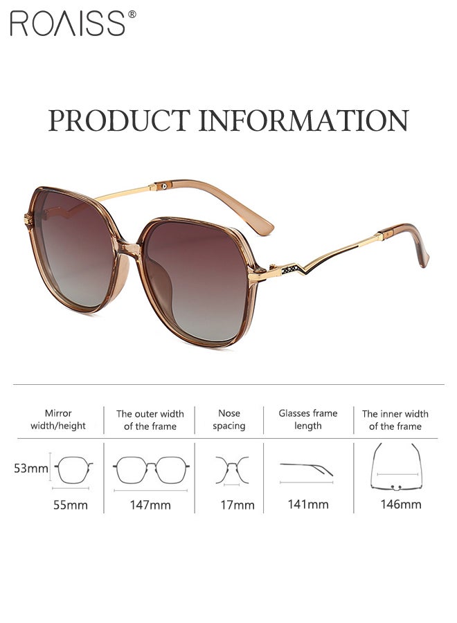 Women's Polarized Hexagon Sunglasses, UV400 Protection Sun Glasses with Unique Temples, Oversize Fashion Anti-glare Sun Shades for Women with Glasses Case, 55mm, Transparent Brown