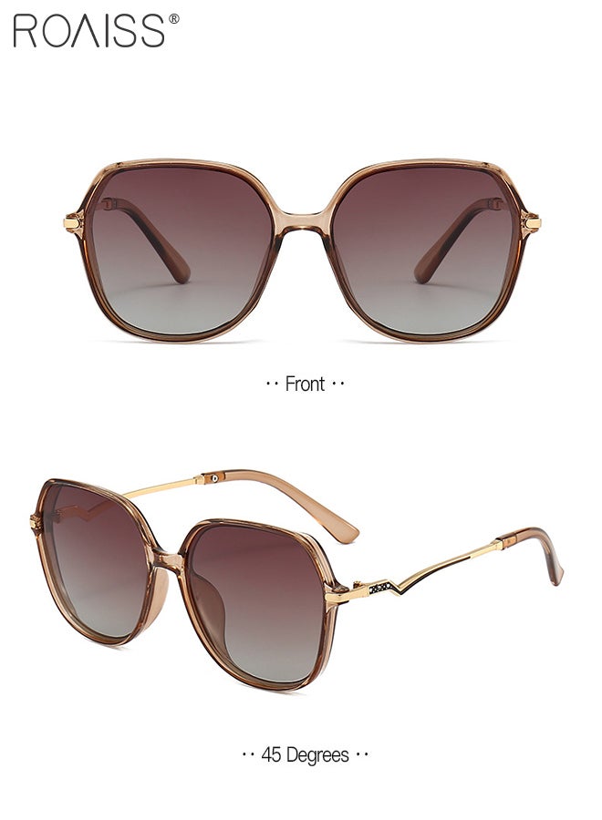 Women's Polarized Hexagon Sunglasses, UV400 Protection Sun Glasses with Unique Temples, Oversize Fashion Anti-glare Sun Shades for Women with Glasses Case, 55mm, Transparent Brown