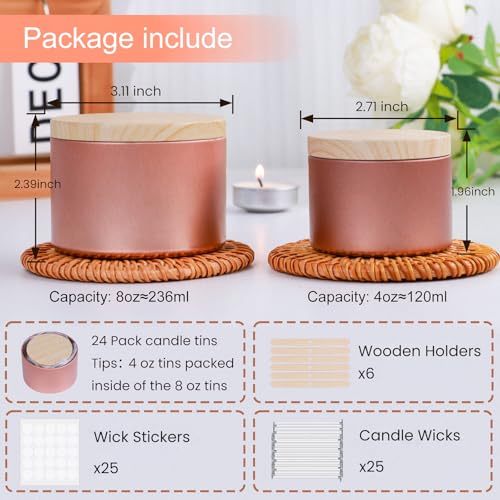 CONNOO 24 Pack Candle Tins, 12pcs 8 OZ & 12pcs 4 OZ Rose Gold Jars with Metal Wood-Grain Lids, Bulk Empty Containers for Candle Making, Wick Kit Included - Image 3