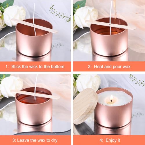 CONNOO 24 Pack Candle Tins, 12pcs 8 OZ & 12pcs 4 OZ Rose Gold Jars with Metal Wood-Grain Lids, Bulk Empty Containers for Candle Making, Wick Kit Included - Image 5