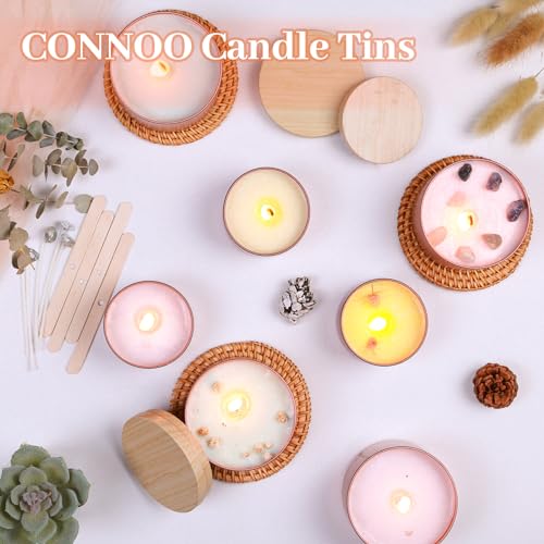 CONNOO 24 Pack Candle Tins, 12pcs 8 OZ & 12pcs 4 OZ Rose Gold Jars with Metal Wood-Grain Lids, Bulk Empty Containers for Candle Making, Wick Kit Included - Image 2