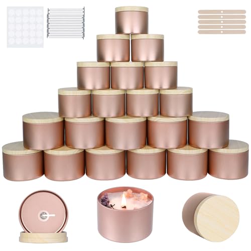 CONNOO 24 Pack Candle Tins, 12pcs 8 OZ & 12pcs 4 OZ Rose Gold Jars with Metal Wood-Grain Lids, Bulk Empty Containers for Candle Making, Wick Kit Included - Image 1