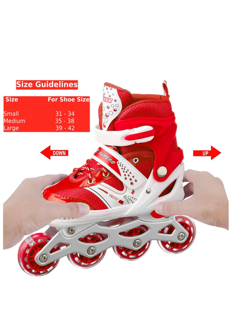 POWER - Adjustable Roller Skate Shoes LED Light Single Row Wheels, Red/White - Size Large 39-42 - Image 1