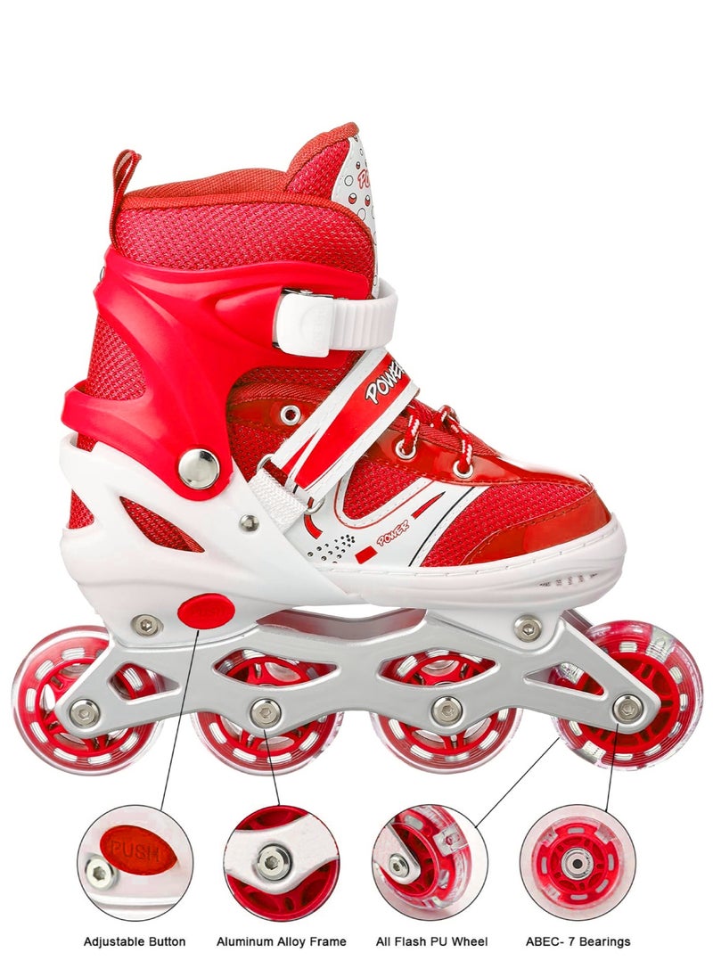 POWER - Adjustable Roller Skate Shoes LED Light Single Row Wheels, Red/White - Size Large 39-42 - Image 1
