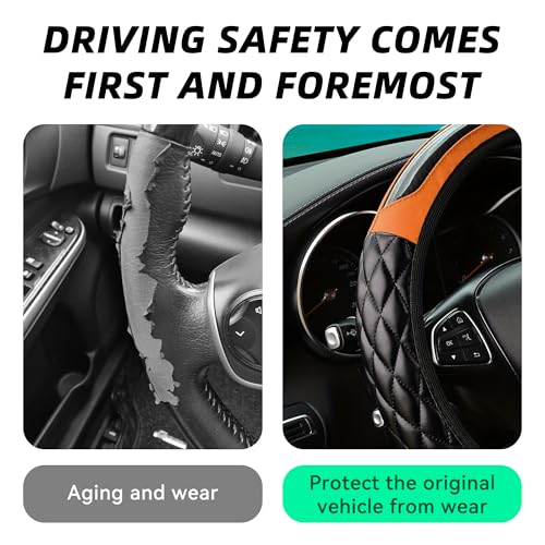 Couslcd Car Steering Wheel Cover, 14.5-15inch Leather Anti-Slip Car Wheel Cover Protector, Safety Comfortable Desgin, Universal Auto Steering Wheels Accessories for Cars Truck SUV (Orange) - Image 3