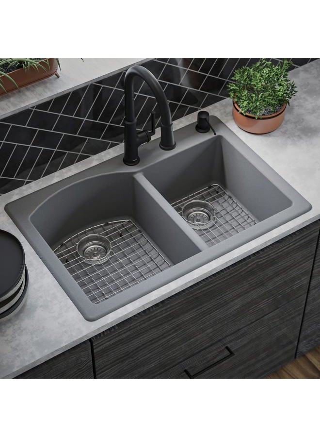 Karran 33" Drop-In/Top Mount Quartz Composite 1-Hole 60/40 Double Bowl Kitchen Sink Kit in Grey - Image 2