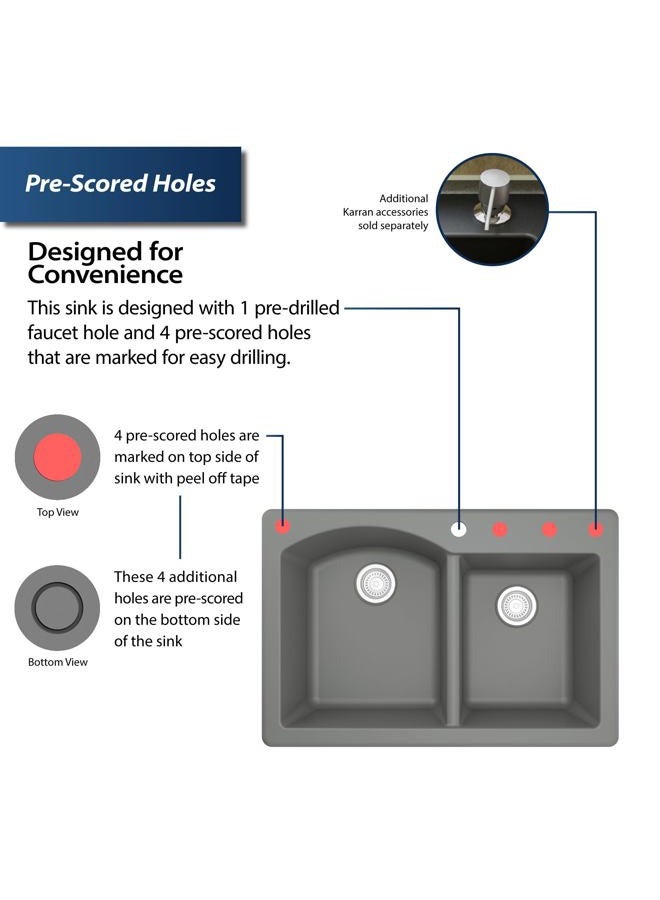 Karran 33" Drop-In/Top Mount Quartz Composite 1-Hole 60/40 Double Bowl Kitchen Sink Kit in Grey - Image 5