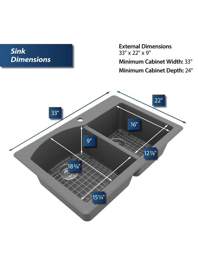 Karran 33" Drop-In/Top Mount Quartz Composite 1-Hole 60/40 Double Bowl Kitchen Sink Kit in Grey - Image 4