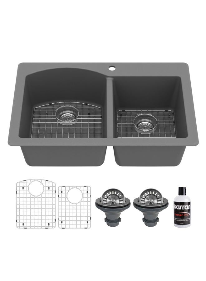 Karran 33" Drop-In/Top Mount Quartz Composite 1-Hole 60/40 Double Bowl Kitchen Sink Kit in Grey - Image 1