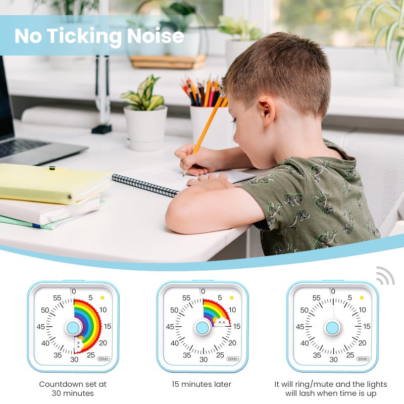 InfPokid Visual Timer for Kids with Pause Function, Cute Silent Timer with Rainbow for Classroom, Teaching, Task, Kitchen, 60 Minute Countdown Time Management for ADHD (Rainbow Blue) - Image 3