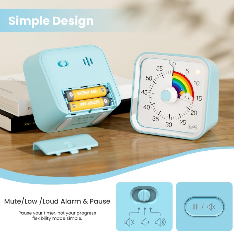 InfPokid Visual Timer for Kids with Pause Function, Cute Silent Timer with Rainbow for Classroom, Teaching, Task, Kitchen, 60 Minute Countdown Time Management for ADHD (Rainbow Blue) - Image 5