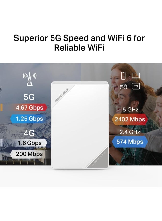 MERCUSYS 5G AX3000 Wireless Dual Band Router, Build-In 5G Modem
SPEED: 574 Mbps at 2.4 GHz, 2402 Mbps at 5 GHz; 5G 4.67 Gbps/1.25 Gbps, 4G 1.6 Gbps/200 Mbps
SPEC: Internal Antennas, Extra 3G/4G/5G Antenna Ports, 1× 2.5Gbps WAN/LAN Port, 1× 1Gbps WAN/LAN Port, 1× RJ11 Phone Port, 5G (N1/N3/N5/N7/N8/N20/N28/N38/N40/N41/N77/N78), FDD-LTE (B1/B3/B5/B7/B8/B20/B28), TDD-LTE (B38/B40/B41/B42/B43), HSPA+/UMTS (B1/B5/B8)
FEATURE: MERCUSYS APP, Nano SIM Card Plug and Play, 5G Router/Wi-Fi Router Mode, IPv6, Easymesh, Parental Controls White - Image 3