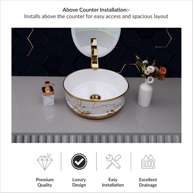 ACRAVIT CERAMIC Designer Table Top Ceramic Wash Basin Vessel Sink with Slim Rim Collapsible Countertop Basin OverCounter Bathroom Sink White Golden 418 X 418 170 MM - Image 3