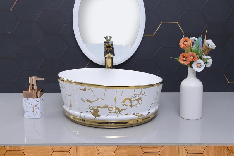 ACRAVIT CERAMIC Designer Table Top Ceramic Wash Basin Vessel Sink with Slim Rim Collapsible Countertop Basin OverCounter Bathroom Sink White Golden 418 X 418 170 MM - Image 1